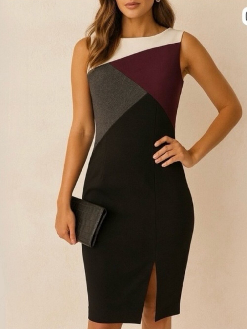 WHBM Colorblock Midi Sheath Dress in Black, Burgundy & Gray Fitted Silhouette M - Picture 7 of 12